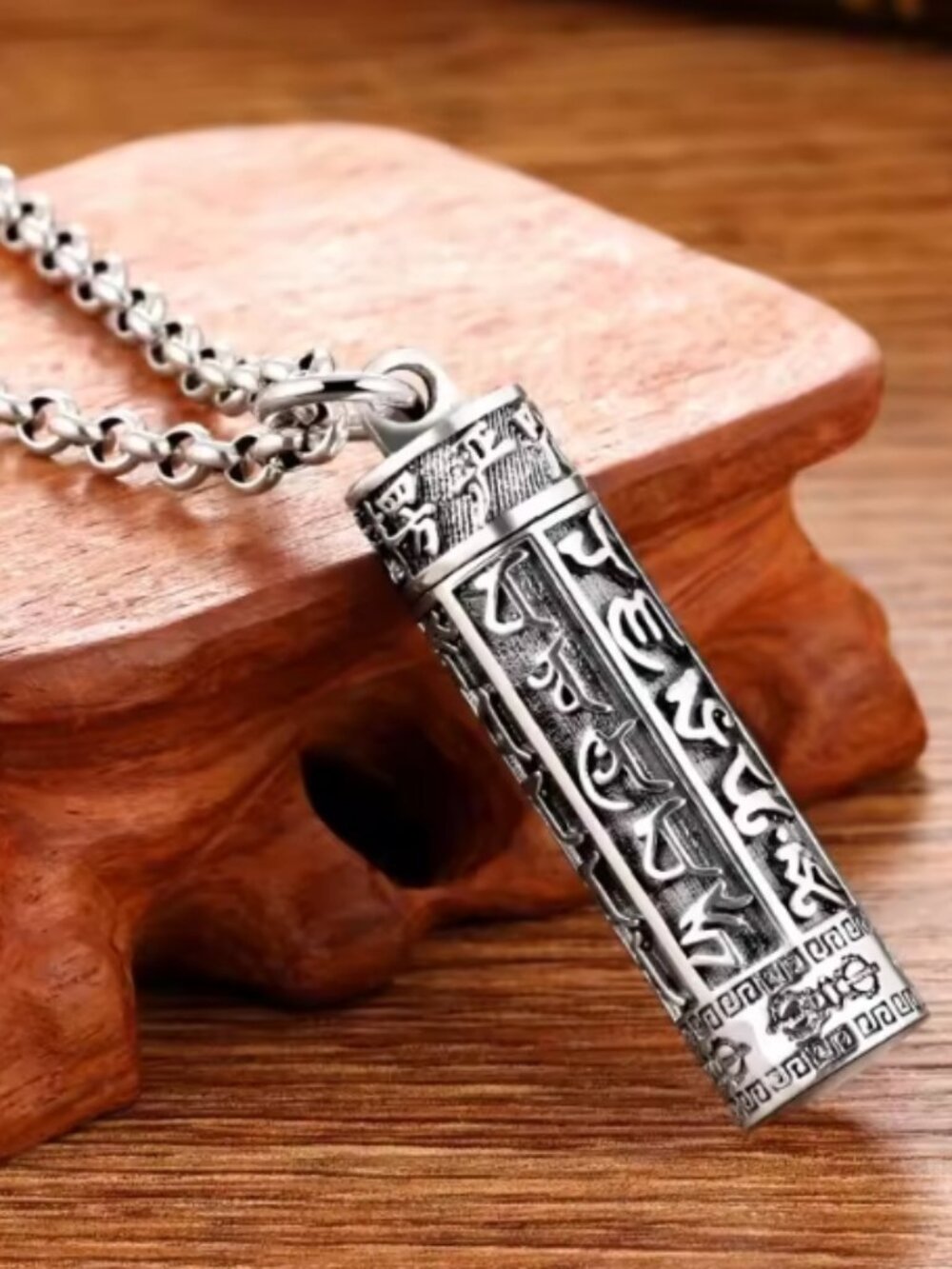 Om Mani Padme Hum Mantra Pendant Necklace Silver Plated Unisex Charm Mini Bottle